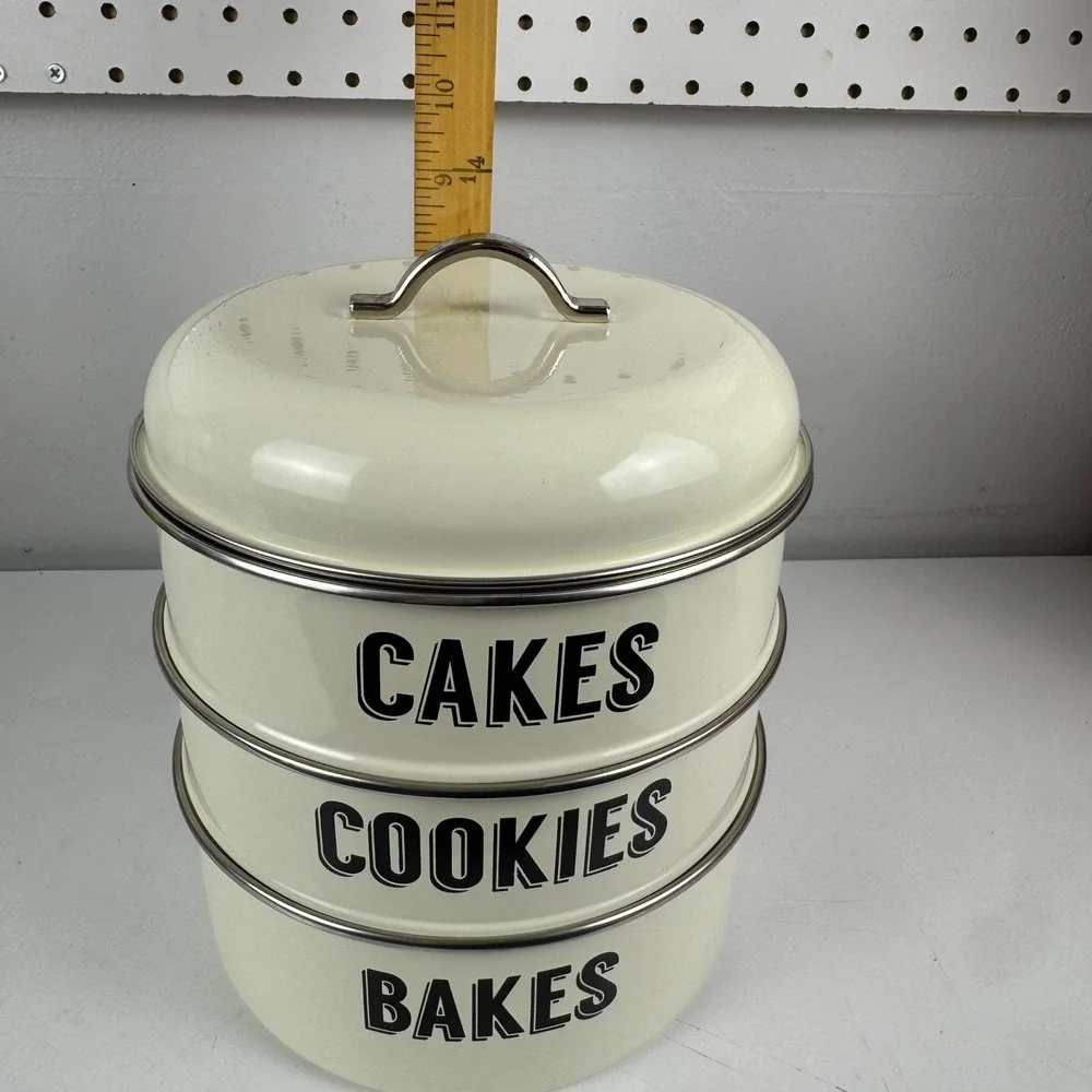 Typhoon Living Retro Cream Enamel 3 Tier Nesting Cake Cookie Bakes Storage Tin